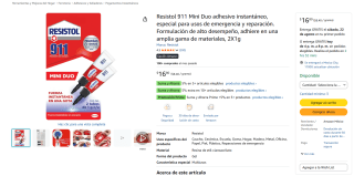 Resistol 911 Mini Duo adhesivo instantáneo 2x1g por $17 en Amazon
