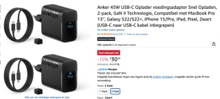 2 Anker Nano (45W) USB-C Opladers met 1.8M USB-C Kabel voor €30,59 bij Amazon