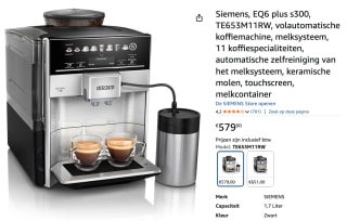 Siemens EQ6 Plus s300 - Volautomatische espressomachine voor €579 bij Amazon