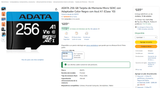 ADATA 256 GB Tarjeta Micro SDXC A1 (Clase 10) por $689 en Amazon
