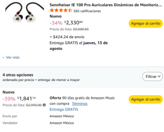 Audífonos Sennheiser IE 100 Pro por $1,841 en Amazon