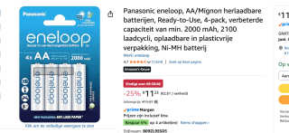 Panasonic Eneloop AA 2000mAh 4 pack voor €11,23 bij Amazon