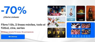Movistar todo el Futbol, cine, series Fibra 1Gb t 2 líneas móviles por 45€ (DIGI)