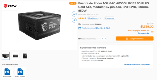 Fuente MSI MAG A850GL PCIE5 80 PLUS 850W por $1,389 | CyberPuerta