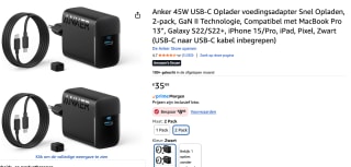 2 stuks Anker 45W USB-C Oplader voedingsadapter voor €27,99 bij Amazon