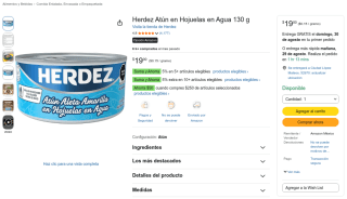 Herdez Atún en Hojuelas en Agua 130g por $14 en Amazon