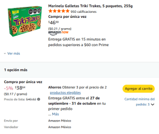 Marinela Galletas Triki Trakes (5 paquetes, 255g) por $26 en Amazon