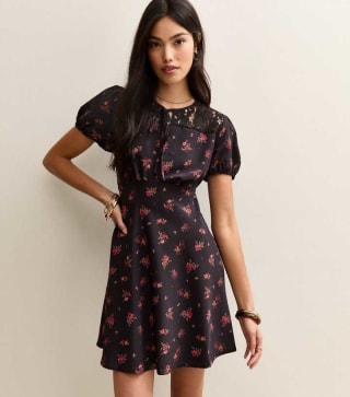 Ladies Black Floral Puff Sleeve Mini Dress – Sizes 6 to 18 (£1.99 Click & Collect)
