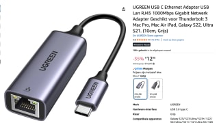 UGREEN USB C Ethernet Adapter USB Lan 1000Mbps Gigabit Netwerk Adapter voor €12,98