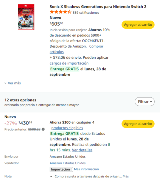 Sonic X Shadows Generations para Nintendo Switch 2 por $431 en Amazon