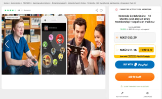 Nintendo Switch Online 12 Meses (Familiar) + Expansion Pack EU por $1,056 en Kinguin