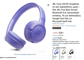 JBL Tune 530BT Paars voor €33,80 bij Amazon
