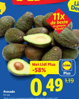 1 avocado voor €0,49 met de Lidl plus app