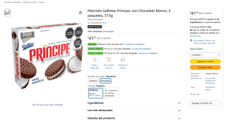 Marinela Galletas Príncipe (315g, 5 paquetes) por $28 en Amazon