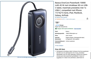 Baseus EnerCore Powerbank 10000 mAh 45 W voor €22,99 bij Amazon