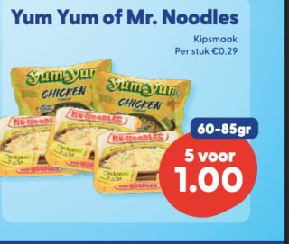 5 Pakken Yum Yum of Mr. Noodles Kip smaak voor €1 bij Die Grenze