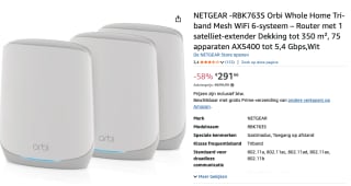 Netgear Orbi RBK763s Tri-band Mesh WiFi 6 System voor €291,66 bij Amazon