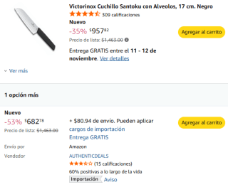 Victorinox Cuchillo Santoku con Alveolos, 17 cm por $683 en Amazon