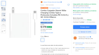 Combo Cargador Xiaomi 100W por $378 en Mercado Libre