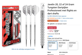 Javelin Black 24 Gram Tungsten Dartpijlen Set voor €23,67 bij Amazon