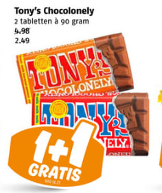 1+1 gratis op Tony's Chocolonely bij Poiesz