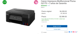 Canon Pixma G2170 Multifuncional por $2,999 | Costco