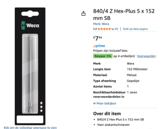 Wera 05136303001 Z SB Hex-Plus Bit - 5 x 152mm voor €7,94 bij Amazon