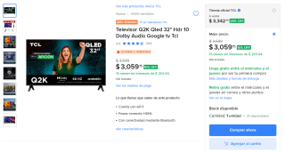 Televisor Q2K Qled 32" HDR por $3,059 | Mercado Libre (AMEX MSI)