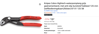 Knipex Cobra® Hightech-Waterpomptang voor €17,95 bij Amazon
