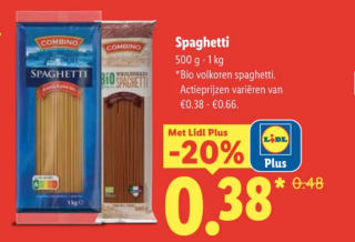 500Gram Biologische Volkoren Spaghetti voor €0,38 met de Lidl plus app