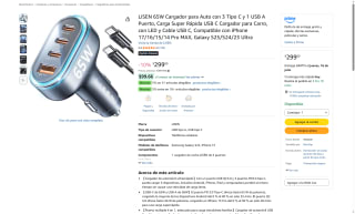 Cargador Auto LISEN 65W 4 Puertos por $169 | Amazon