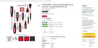 CRAFTSMAN juego de destornilladores 12 piezas (CMHT65071N) por $534 en Amazon