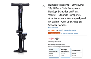 Dunlop Fietspomp met manometer voor €8,19 bij Amazon