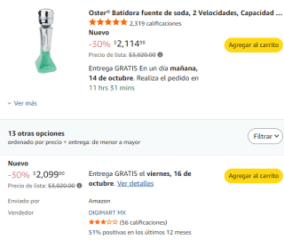 Oster Batidora fuente de soda (750 ml) por $2,099 en Amazon