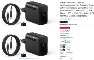 2 stuks Anker 45W USB-C Oplader voedingsadapter voor €25,99 bij Amazon