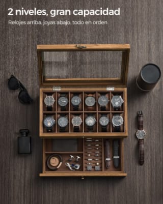 SONGMICS Caja Relojes con 12 Ranuras 2 Niveles con Tapa de Cristal por 19.75€