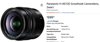 Panasonic H-X012E Leica 12mm/f1.4 Black voor €699 bij Amazon