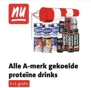 1+1 gratis op Alle A-merk gekoelde proteïne drinks bij de Jumbo