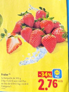 Barquette de 500g de Fraise au prix de 2,76€
