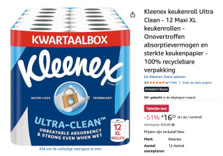 Kleenex keukenpapier - Keukenrol Ultra Clean - 12 Maxi XL rollen voor €16,33