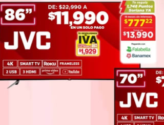 Smart TV JVC 86" LED 4K UHD Roku SI86URF por $11,990 | Soriana