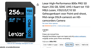 Lexar High-Performance 800xPRO 256 GB SDXC UHS-I Klasse 10 voor €27,89 bij Amazon