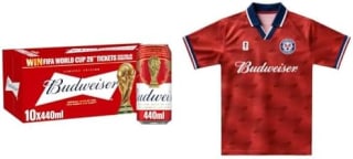 Budweiser Lager Beer Can, 10 x 440ml + Budweiser Jersey Red Vintage Fit Shirt Bundle