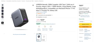 UGREEN Nexode 100W (3× USB‑C + 1× USB‑A) por $669 en Amazon