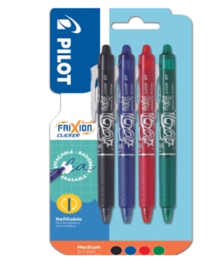 Lot de 4 Stylos roller FriXion Ball Clicker encre assortie effaçable PILOT à 5,99€
