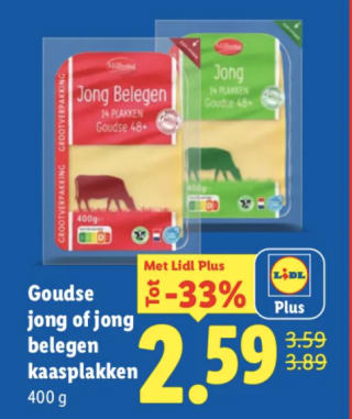 400 gram kaasplakken voor €2,59 met de Lidl plus app