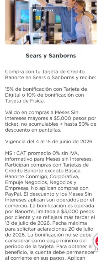 Bonificación de 15% en Sears y Sanborns | Banorte