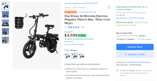 Pop Shope S6 bicicleta eléctrica plegable por $6,599 en Mercado Libre