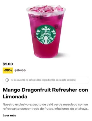 Mango Dragonfruit Refresher con Limonada por $2 | Starbucks en Amazon Now