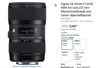 Sigma 18-35mm F1,8 DC HSM Art Lens voor €549 bij Amazon